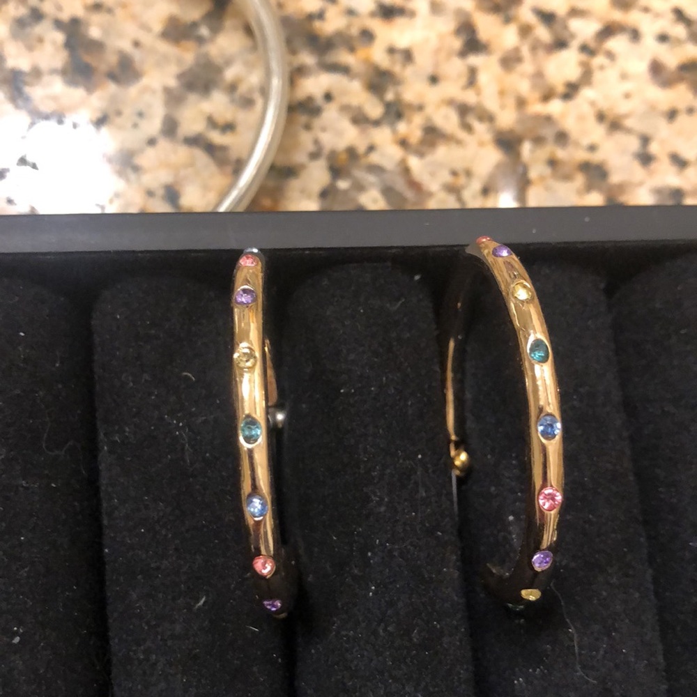Vintage Saks Fifth Avenue Gold Hoop Earrings With Gem Stones Pierced